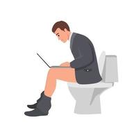 jovem sentado no banheiro usando laptop. ilustração vetorial plana isolada no fundo branco vetor
