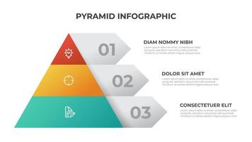 modelo de infográfico de pirâmide com 3 listas e ícones, vetor de layout para apresentação, relatório, brochura, panfleto, etc.