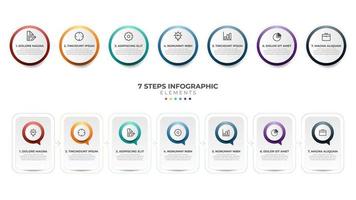 7 lista de etapas, sequência horizontal com ícone e número, diagrama de layout do modelo de elemento infográfico vetor