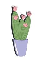 ilustração em vetor cacto com flores cor de rosa. estilo simples de desenho animado. flor de cacto verde em pote roxo. design para adesivos, decoração.