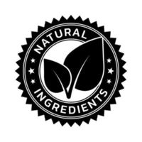 distintivo de ingredientes naturais. carimbo de borracha de forma de folha orgânica preto e branco. elementos de design para rótulos, adesivos, banners, cartazes para empresas de alimentos e saúde. ilustração vetorial. vetor