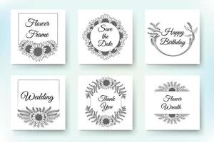 design para convite de casamento ou cartões de linda coroa de flores vetoriais e conjunto de flores. vetor