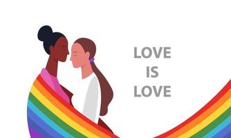 lgbt duas garotas lésbicas nas cores da bandeira do arco-íris. vetor