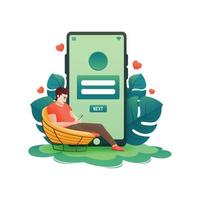 ilustração de login de aplicativo de namoro online, dia dos namorados, amor, correspondência, celular, folhas, gradiente, ilustração vetorial de personagem. vetor