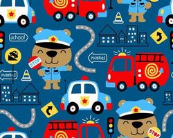 vetor de padrão perfeito de desenhos animados de veículos com urso engraçado em fantasia de policial