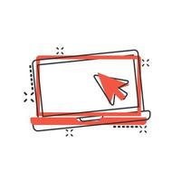 ícone de computador portátil em estilo cômico. cursor na ilustração em vetor notebook cartoon sobre fundo branco isolado. monitore o conceito de negócio de efeito de respingo.