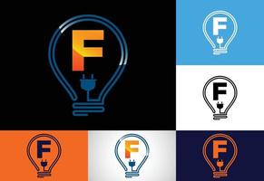 alfabeto inicial f com uma lâmpada elétrica. modelo de vetor de logotipo de lâmpada elétrica. logotipo da eletricidade