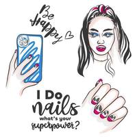 garota da moda e unhas longas e bonitas, com inscrições e manicure vetor