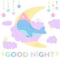 baleia bonita dormindo na nuvem e lua isolada no fundo branco. boa noite crianças cartão ou cartão postal, cartaz. ilustração vetorial vetor