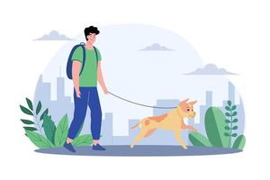 jovem andando com cachorro fofo vetor