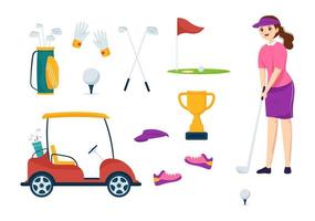 ilustração de esporte de golfe com bandeiras, carrinho, paus, campo verde e bunker de areia para diversão ao ar livre ou estilo de vida em modelos desenhados à mão de desenhos animados planos vetor