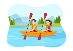 pessoas desfrutando de ilustração de remo com canoa e navegando no rio ou lago em esportes aquáticos ativos modelo desenhado à mão vetor