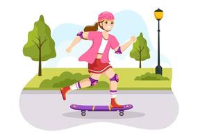 ilustração de skate com skatistas saltam usando prancha no trampolim no skatepark em modelos de desenhos animados de estilo plano de esporte radical desenhados à mão vetor