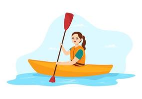 pessoas desfrutando de ilustração de remo com canoa e navegando no rio ou lago em esportes aquáticos ativos modelo desenhado à mão vetor