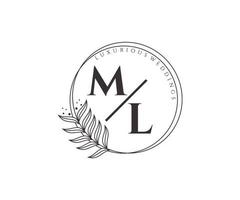 modelo de logotipos de monograma de casamento de letra inicial de ml, modelos minimalistas e florais modernos desenhados à mão para cartões de convite, salve a data, identidade elegante. vetor