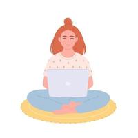 mulher sentada com laptop. mulher trabalhando no computador. freelancer, trabalhar em casa, trabalho remoto vetor