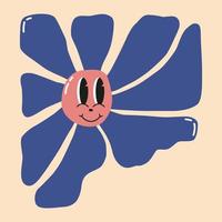 flor de doodle com cara sorridente engraçada dos desenhos animados, personagem retrô daisy. emoção feliz floral bonito. design de logotipo infantil com vetor de margaridas. ilustração de flor de sorriso