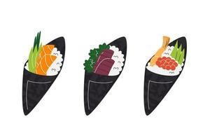 coleção de rolos de sushi temaki isolada no branco. comida asiática popular com arroz e frutos do mar. comida de rua de prato gostoso oriental. ilustração vetorial plana desenhada à mão relacionada à cozinha tradicional japonesa vetor