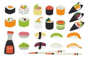 grande coleção de sushi com rolos de nigiri soja sause wasabi gengibre e pauzinhos isolados no branco. comida asiática popular com arroz e frutos do mar. ilustração vetorial plana desenhada à mão relacionada à culinária japonesa vetor