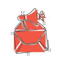 ícone de notificação de envelope em estilo cômico. e-mail com ilustração em vetor alto-falante dos desenhos animados no fundo branco isolado. receba o conceito de negócio de efeito de respingo de mensagem de correio.