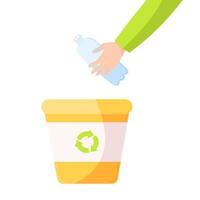 uma mão colocando um lixo de garrafa de plástico em uma lata de lixo de reciclagem amarela. o conceito de uma triagem e reciclagem de resíduos vetor