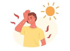 calor insuportável e conceito exausto. jovem que sofre de sintoma de insolação, suor, alta temperatura corporal, desidratação, suor e dor de cabeça. ilustração vetorial plana vetor