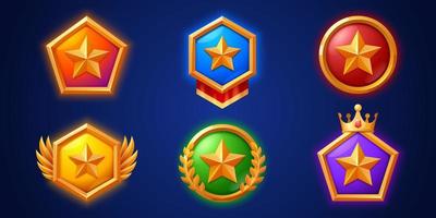 ícones de nível de jogo, medalhas, estrelas, distintivos de interface do usuário, troféu vetor