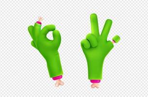 mão de zumbi 3d mostrando ok e gestos de vitória vetor