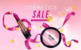 banner de venda de cosméticos com batom, maquiagem blush vetor