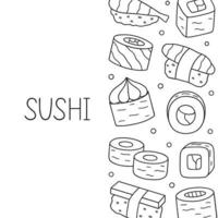 conjunto de doodle de sushi e rolos. comida japonesa no estilo de desenho. ilustração vetorial desenhada à mão isolada no fundo branco vetor