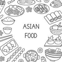 conjunto de doodle de comida asiática. cozinha asiática em estilo de desenho. ilustração vetorial desenhada à mão isolada no fundo branco vetor