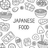 conjunto de rabiscos de comida japonesa. culinária asiática. ramen, sushi, onigiri, dango no estilo de esboço. ilustração vetorial desenhada à mão isolada no fundo branco vetor