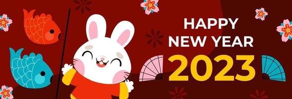 feliz ano novo chinês 2023 vetor de coelho design plano de banner horizontal