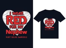 eu visto vermelho para meu sobrinho ilustrações de conscientização sobre doenças cardíacas para design de camisetas prontas para impressão vetor