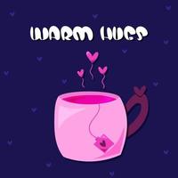 feliz dia dos namorados com xícara rosa com saquinho de chá com fundo de corações fofos. abraços calorosos vetor