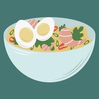 macarrão com legumes, ovos e camarão. ilustração de comida asiática em estilo cartoon vetor
