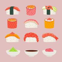 conjunto de sushi diferente com molho de soja, wasabi e gengibre. vetor