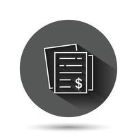 ícone de demonstração financeira em estilo simples. ilustração em vetor documento em fundo redondo preto com efeito de sombra longa. conceito de negócio de botão de círculo de relatório.