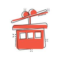 ícone do teleférico em estilo cômico. ilustração em vetor desenho animado de cabine de elevador em fundo branco isolado. conceito de negócio de efeito de respingo de teleférico.