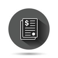 ícone de demonstração financeira em estilo simples. ilustração em vetor documento em fundo redondo preto com efeito de sombra longa. conceito de negócio de botão de círculo de relatório.