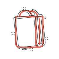 ícone de sacola de compras em estilo cômico. ilustração em vetor sinal bolsa dos desenhos animados no fundo branco isolado. conceito de negócio de efeito de respingo de pacote.