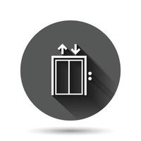 ícone de elevador em estilo simples. levante a ilustração vetorial no fundo redondo preto com efeito de sombra longa. conceito de negócio de botão de círculo de transporte de passageiros. vetor