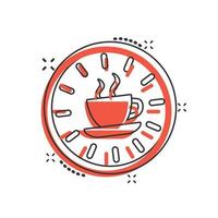 ícone de coffee-break em estilo cômico. relógio com ilustração em vetor xícara de chá dos desenhos animados no fundo branco isolado. conceito de negócio de efeito de respingo de hora do café da manhã.