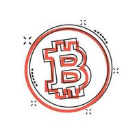 ícone de bitcoin em estilo cômico. ilustração em vetor blockchain dos desenhos animados em fundo branco isolado. conceito de negócio de efeito de respingo de criptomoeda.