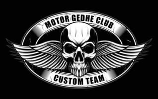crânio com vetor de clube de motocicleta de asas para design de emblema, logotipo, camiseta e vestuário.
