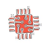 ícone da cpu do computador em estilo cômico. placa de circuito cartoon ilustração vetorial sobre fundo branco isolado. conceito de negócio de efeito de respingo de chip de placa-mãe. vetor