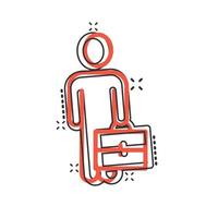 empresário com ícone de maleta em estilo cômico. ilustração em vetor desenho animado gerente de pessoas em fundo branco isolado. conceito de negócio de efeito de respingo de funcionário.