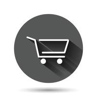 ícone do carrinho de compras em estilo simples. ilustração em vetor carrinho em fundo redondo preto com efeito de sombra longa. conceito de negócio de botão de círculo de cesta.