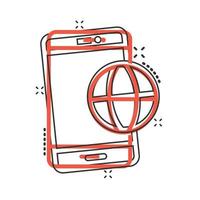 ícone do globo smartphone em estilo cômico. localização do telefone móvel ilustração vetorial dos desenhos animados no fundo branco isolado. conceito de negócio de efeito de respingo de destino. vetor