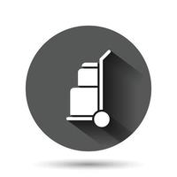 ícone do carrinho de carga em estilo simples. ilustração em vetor caixa de entrega em fundo redondo preto com efeito de sombra longa. conceito de negócio de botão de círculo de transporte de caixa.